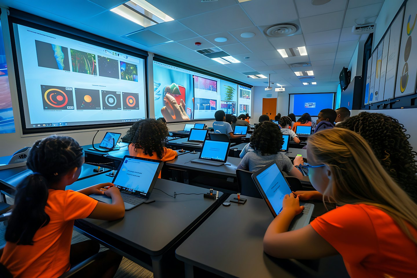 Students use laptops to study in a modern classroom.