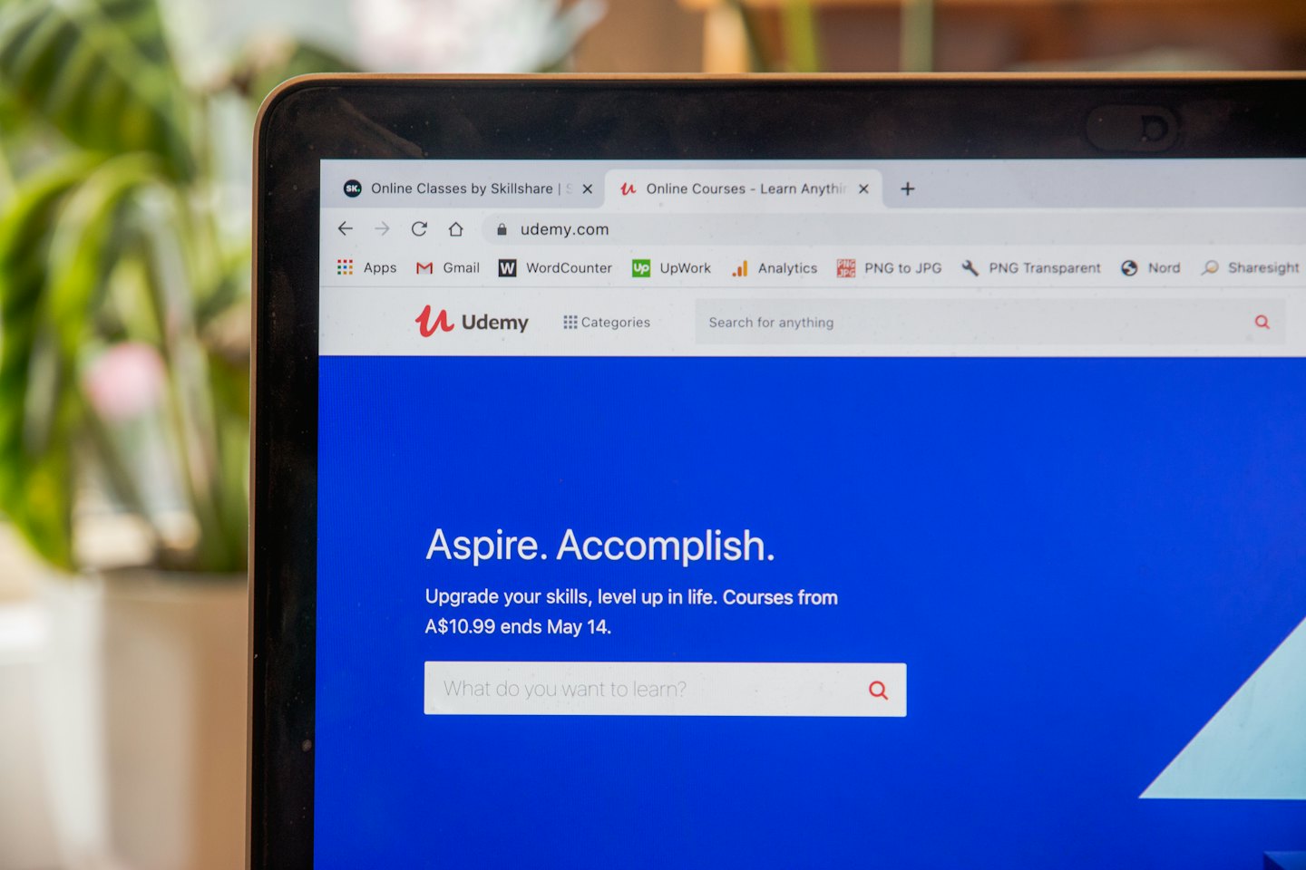 Laptop screen shows Udemy homepage with search bar and promotions.